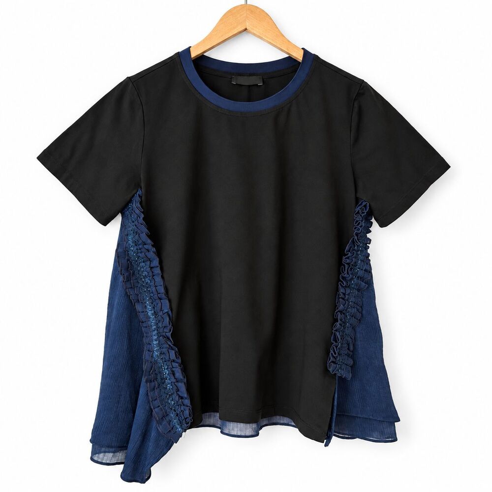 Cop Copine Ruffle Asymmetric Mixed Media Top Womens S Black Navy Avant Garde